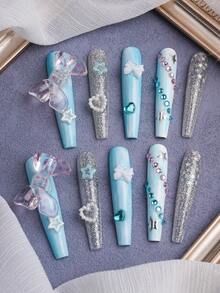 Upgrade Your Look With New 10pcs Handmade  Exclusive Design New Year Valentine Extra Long 3D Nails Y2K Cute Blue Press On Nails With 3D Bowknot, Easy To Wear - Blue - View 2