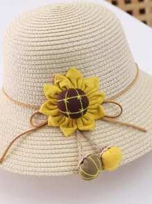 新款女童可愛公主草帽,帶向日葵裝飾,防uv透氣頂帽,適用於海灘度假和日常穿搭 - 米色 - 查看 4