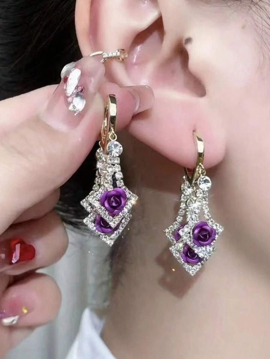 1對閃閃發光的玫瑰花設計耳環,女性日常配飾,禮品珠寶 - 耳圈 - 查看 1
