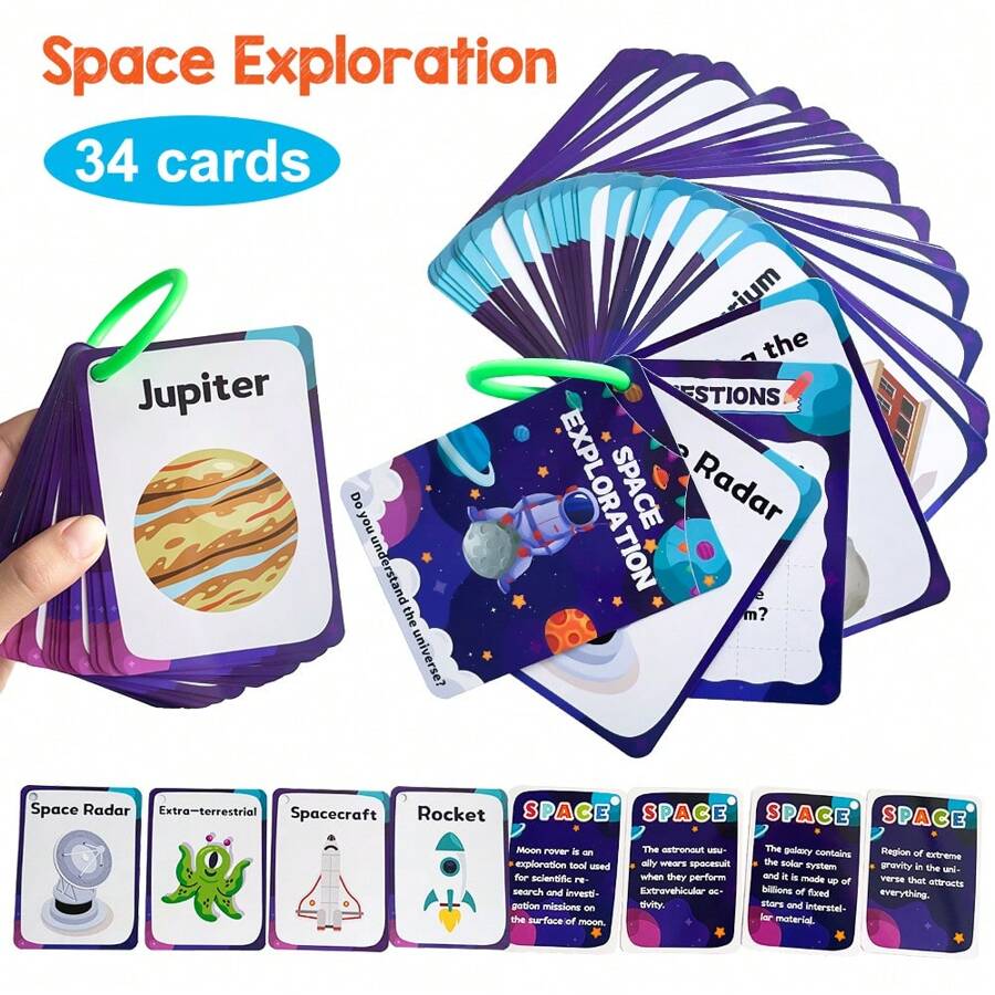 Set Of Solar System Flash Cards For Toddlers(34 Count)|Kids Learning Flashcard & Montessori Pocket Cards|Perfect For Pre-K Decor Background Wall Stickers,Teacher/ Therapists Tools - Apricot - View 1