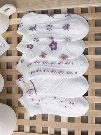 5 Pairs Women's Thin Mesh Breathable Floral Low Cut Invisible Socks, Spring/Summer
