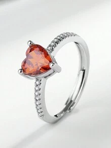 1pc Elegant And Simple Diamond Heart Shaped Open Ring With Red Cz Stone, For Women's Index Finger - Personalized Light Luxury Design
