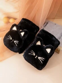 1 Pair Women's Cat Cartoon Convertible Half Finger Gloves, Warm Plush Lining Thick Winter Gloves