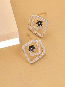 1pair Flower Geometric Shape Crystal Inlaid Earrings, Elegant For Women - Gold - View 1