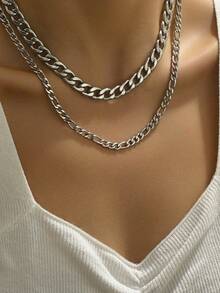 2pcs Stainless Steel Double Layered Thick Chain Necklace Set, Unisex Daily Accessory - Silver - View 1