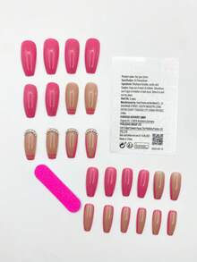 升級您的指甲藝術,使用24入組法式粉邊棺材形狀長3d鑽石閃亮指甲貼,適合新年和情人節的穿著+1入組果凍凝膠+ 1入組指甲銼 - 紅色 - 查看 2