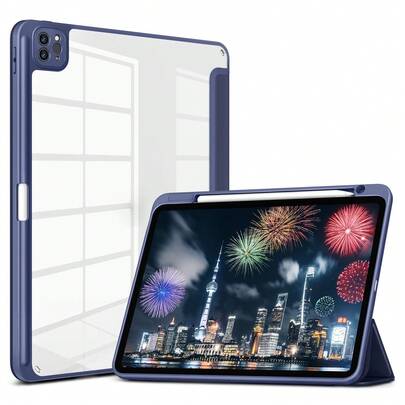 蓝色镜面硅胶透明iPad保护套，三折平板电脑保护套，带笔槽，透明后盖，超薄支架，防震防摔 - 紫蓝色