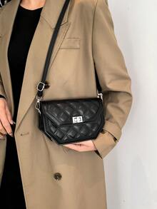 1入組翻蓋鎖扣pu鑽石拼接小方袋,縫線&鏈帶,時尚肩膀/斜背袋適合女性的日常、約會、送禮 - 黑色 - 查看 5