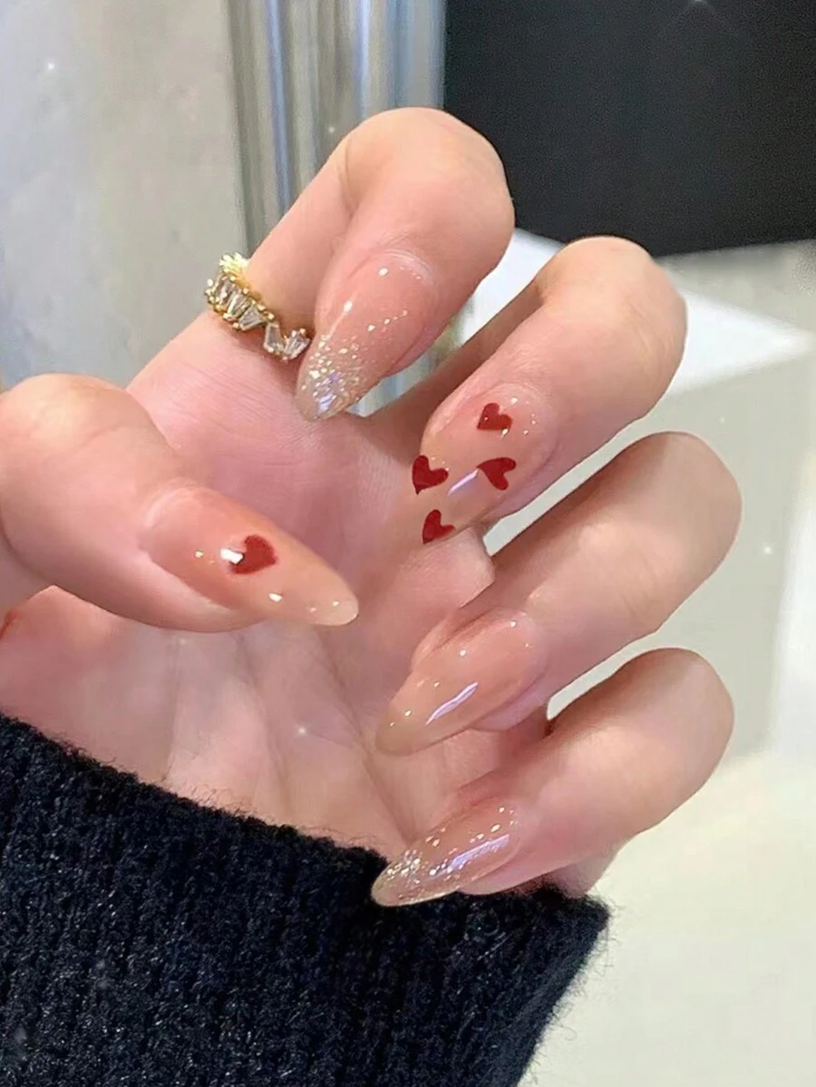 24 piezas de uñas postizas para el Día de San Valentín, uñas acrílicas en forma de almendra con diseño de corazón rojo y brillo, juego de puntas de uñas de cobertura completa que incluye 1 pieza de gel de gelatina y 1 pieza de lima de uñas, adecuado para decoración de uñas de mujeres y niñas - Multicolor - Ver 1