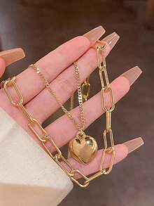 1pc Ins-Style Double Layered Heart Pendant Necklace, Suitable For Women's Everyday Commute Dressing - Gold - View 3
