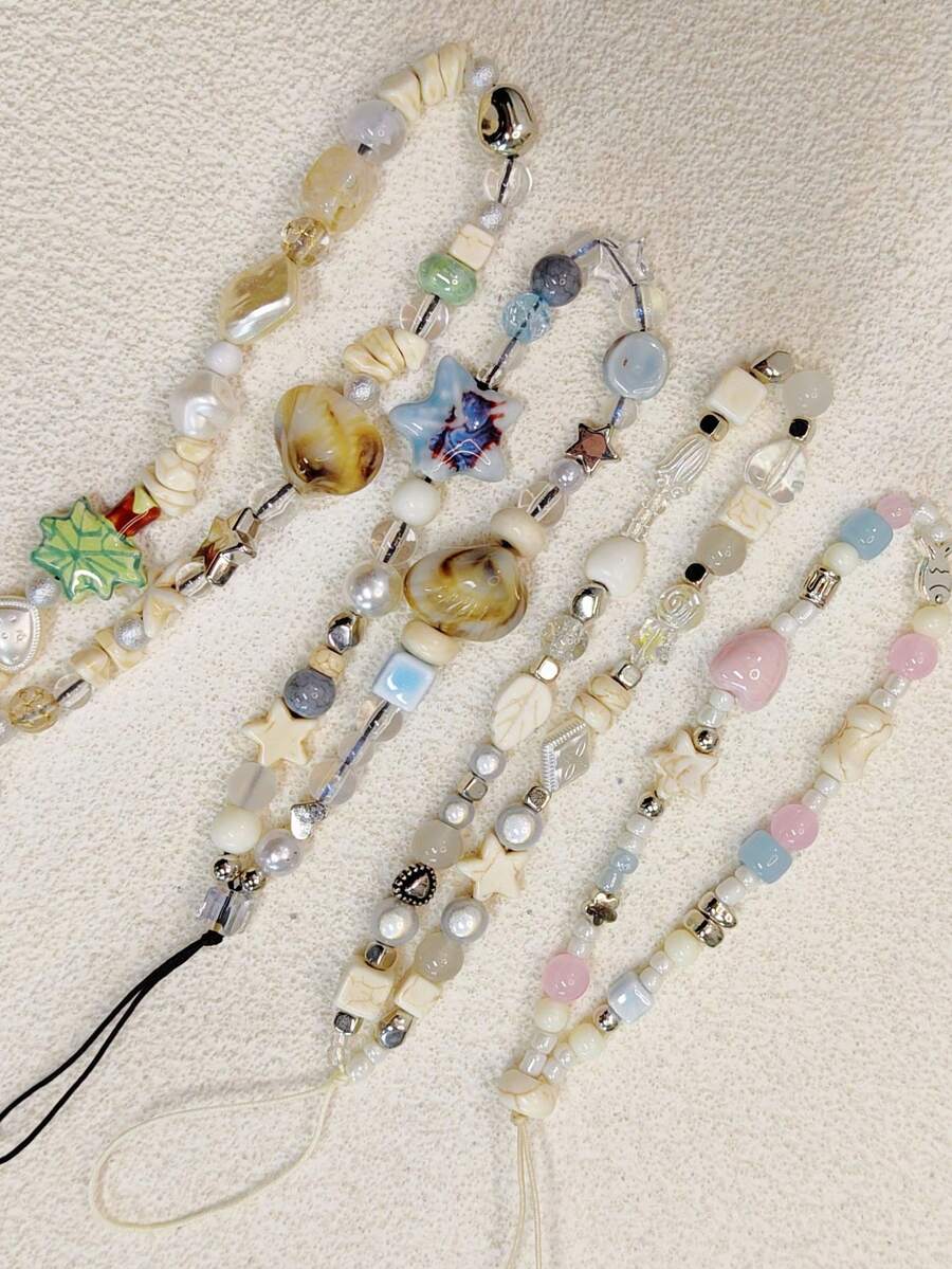 1pc Y2k Style Shell & Star & Beaded Keychain Diy Mobile Phone Lanyard, Suitable For Phone Cases, Ccd Cameras And Hand-Held Bags. - Multicolor - View 1