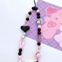 Handmade Black & Pink Beaded Cat Paw & Heart Shaped Phone Strap, Camera Bag Pendant, Diy Chain - Black and Pink Contrast Cat Paw Lanyard - View 1