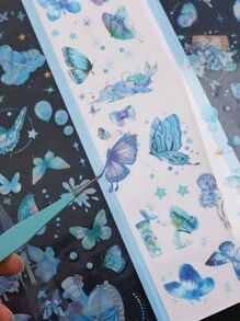 6入組藍色卡通蝴蝶和花卉圖案塗鴉貼紙,月潮風格,用於創意相簿、手帳裝飾、禮盒包裝藝術用品 - 藍色 - 查看 5