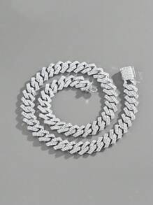 kuuioe 1 pièce collier de style hip-hop avec chaîne et rabat orné de strass, bijou à la mode étincelant, cadeau de la Saint-Valentin pour la Saint-Valentin, la maman, la mère, la Fête des Mères - Argent - Voir 4