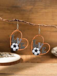 1對波西米亞風格的木製心形豹紋字母足球籃球棒球形耳環,適合女性時尚運動啦啦隊派對 - 彩色 - 查看 5