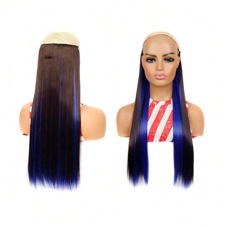 1pc European And American Style Hair Extension For Girls, New Dip Dye Fish Line Straight Hair Piece, Colorful Synthetic Hair Clip-In - Blue - View 1
