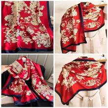 經典女性時尚防風紅色印花圍巾,優雅的緞面戶外防曬披肩,旅行頭巾 - 紅色 - 查看 5