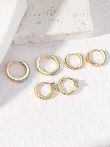 6pcs Unique & Stylish Blue-Turquoise Inlaid Earrings Set, Valentine's Day Decoration Gift For Women - Yellow Gold - View 4