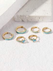 6pcs Unique & Stylish Blue-Turquoise Inlaid Earrings Set, Valentine's Day Decoration Gift For Women - Yellow Gold - View 5
