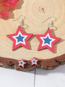 1套/4入流行幾何五角星木質耳環,女性珠寶,美國日禮物 - 彩色 - 查看 6