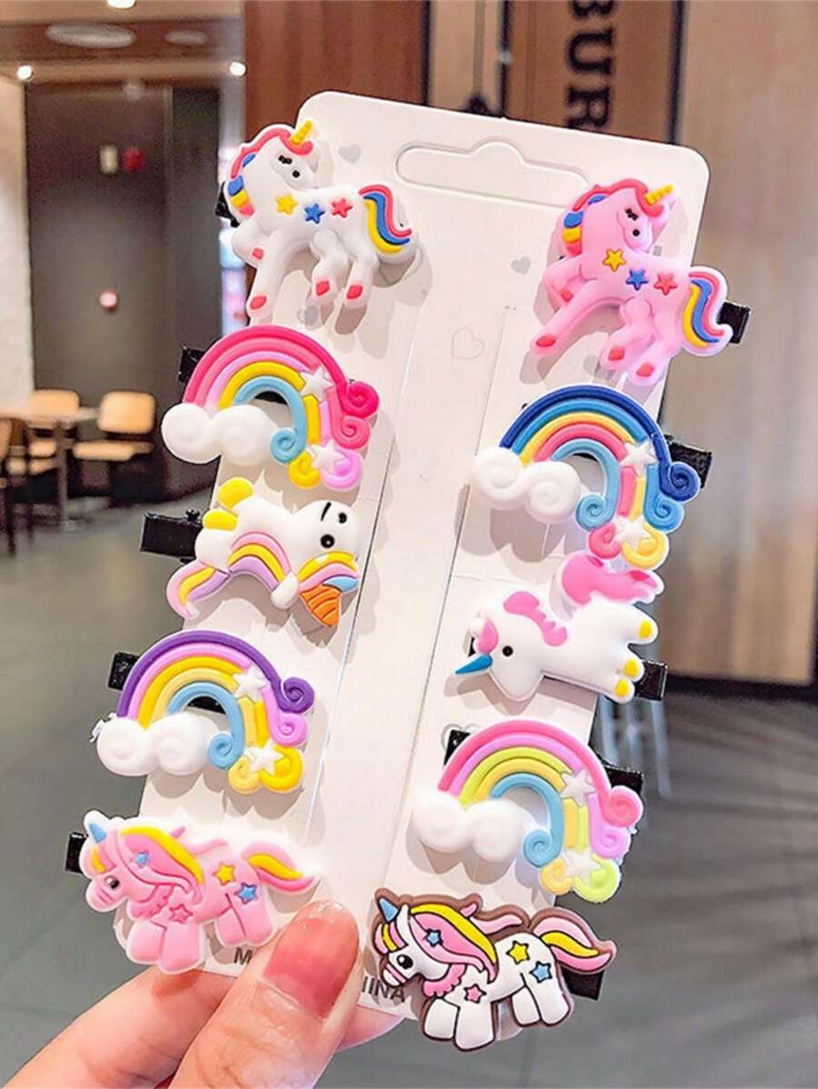 10pcs Girls Cute Rainbow Unicorn Cartoon Hair Clips(2 Styles Of Ponies Sent Randomly)