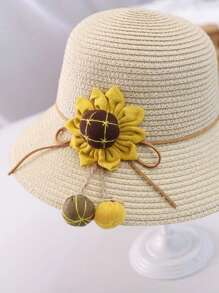 新款女童可愛公主草帽,帶向日葵裝飾,防uv透氣頂帽,適用於海灘度假和日常穿搭 - 米色 - 查看 6