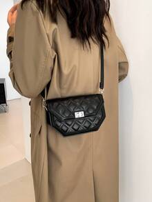 1入組翻蓋鎖扣pu鑽石拼接小方袋,縫線&鏈帶,時尚肩膀/斜背袋適合女性的日常、約會、送禮 - 黑色 - 查看 4