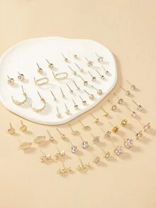 1 Set Of 30 Pairs Ladies' Cute And Delicate Golden Small Flower Metal Ironwork Faux Pearl Winged Earrings - Yellow Gold - View 2