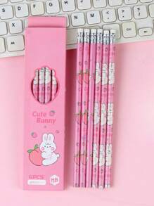 Conjunto De 6 Lápices Con Diseño De Conejo Animado - Rosa - Ver 1