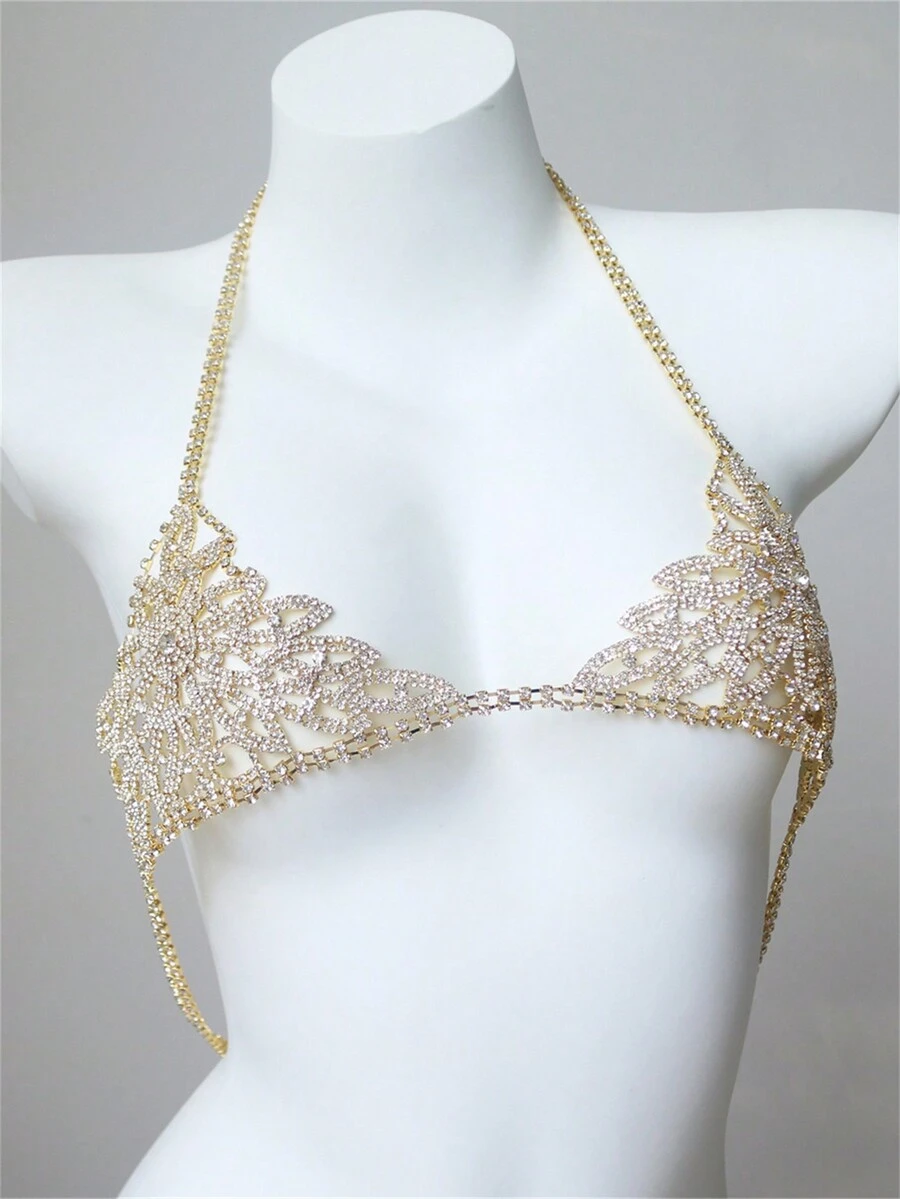 Rhinestone Gold Plated Leaf Shaped Body Chain For Bra - Gold - View 1