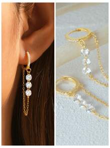 EleRunis 1Pair 925 Sterling Silver Classic Crystal Zirconia Hoop Earrings With Rhinestone 18K Gold Plated Long Dangle Earrings Tassel Wedding Dangle Earrings For Women Daily Wear Party Engagement Valentine's Day Holiday