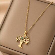 1入組鍍金不銹鋼生命樹吊墜項鍊,配有方形氧化鋯石,適合女性街頭服飾、日常通勤或假日派對飾品 - 金黃色 - 查看 5