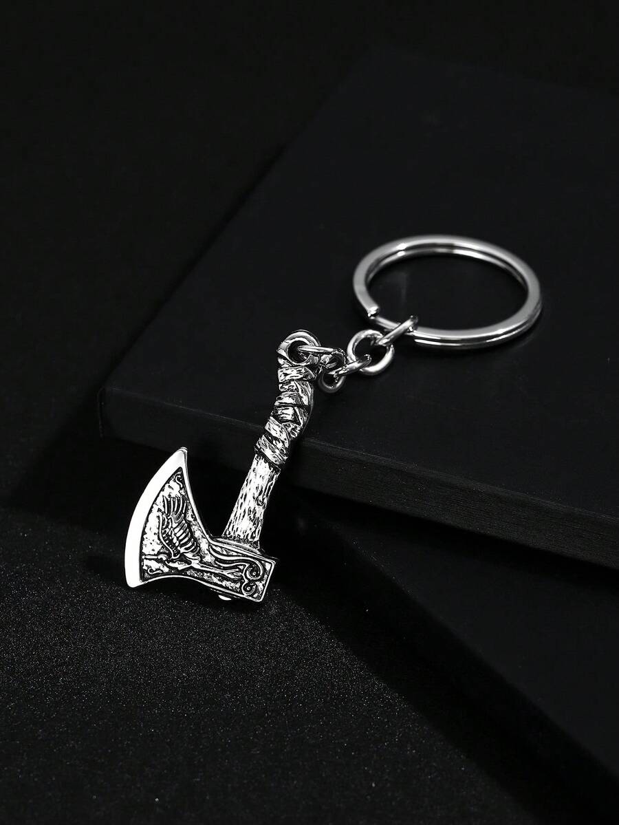 1 件时尚复古简约斧头形男士个性化钥匙扣吊坠 - 古銀色 - 查看 1