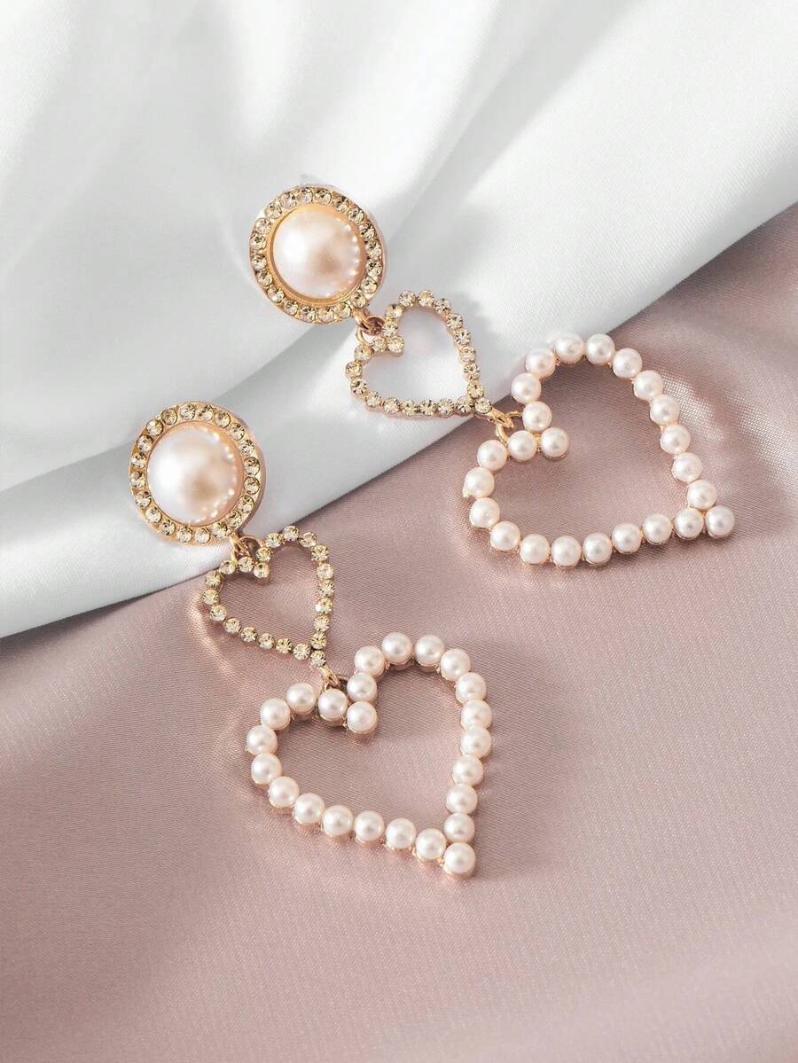 1對假珍珠愛心吊飾耳環 - 彩色 - 查看 1