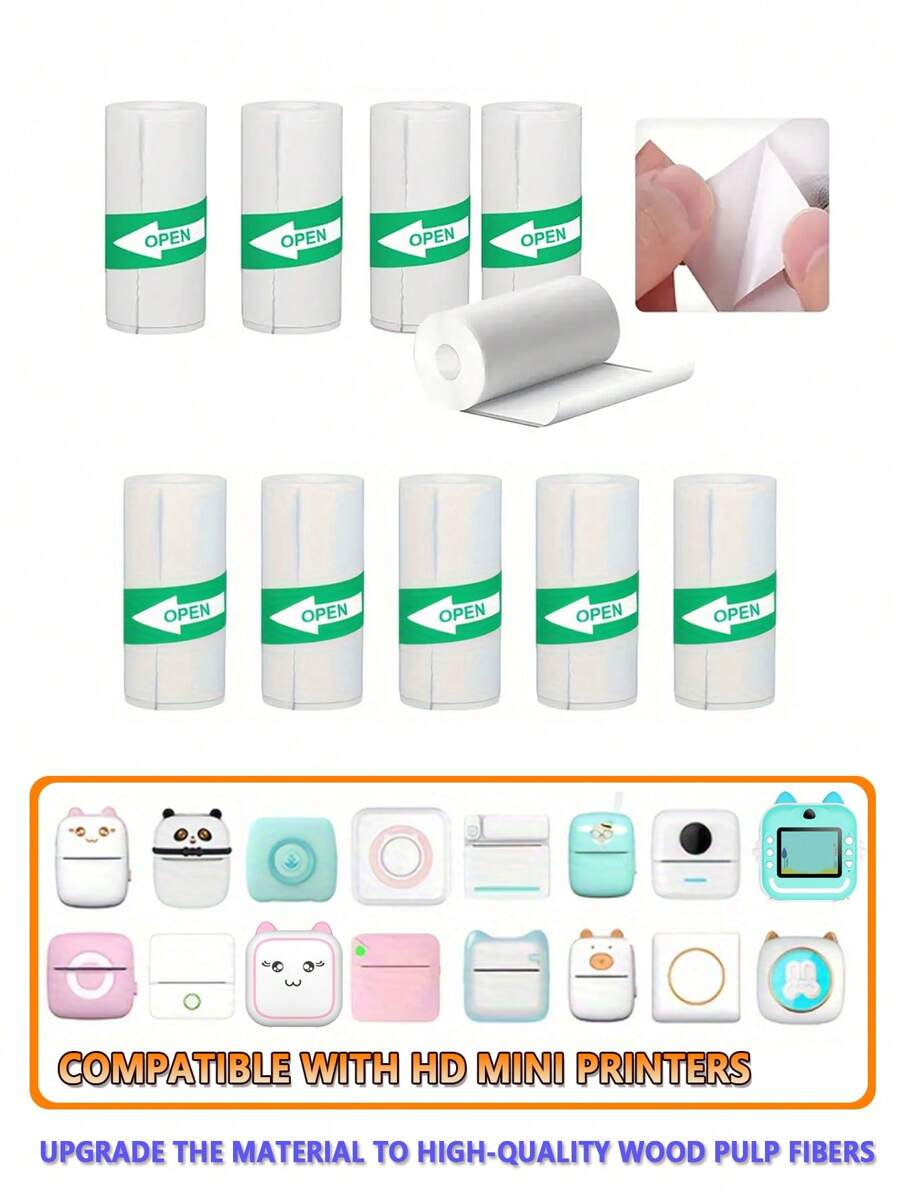 FoBianJie 10入組熱感迷你印表機紙,材料選擇eood紙漿纖維自黏式可打印貼紙,與p1迷你印表機及peripage A6系列印表機和便攜式熱感印表機兼容。自黏式熱感紙可印可貼,適用於口袋式熱感印表機 - 10圈不乾膠熱敏紙 - 查看 1