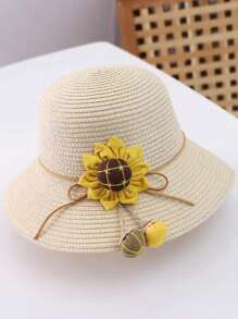 新款女童可愛公主草帽,帶向日葵裝飾,防uv透氣頂帽,適用於海灘度假和日常穿搭 - 米色 - 查看 1