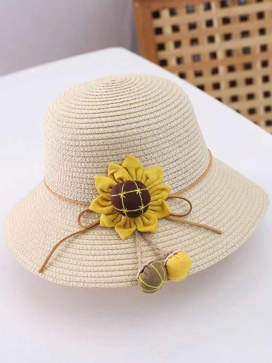 新款女童可愛公主草帽,帶向日葵裝飾,防uv透氣頂帽,適用於海灘度假和日常穿搭 - 米色 - 查看 1