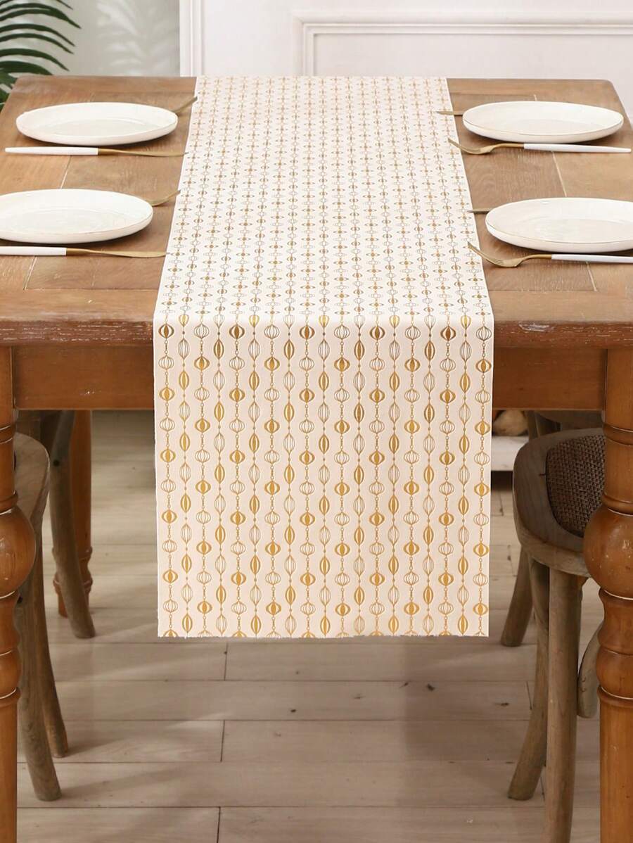 Miater 1pc Table Runner, Velvet Fabric With Hot Stamping Printing - Gold - View 1