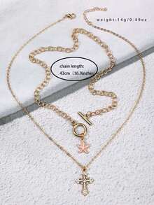 2pcs Cute Starfish & Pink Rhinestone Inlaid Cross Necklace, Fashionable - Yellow Gold - View 5