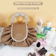 1pc Slouchy Drawstring Cosmetic Bag & Toiletry Bag, Waterproof Portable Storage Bag For Travel And Daily Use Makeup Bag PU Leather - Brown - View 2