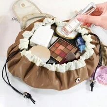 1pc Slouchy Drawstring Cosmetic Bag & Toiletry Bag, Waterproof Portable Storage Bag For Travel And Daily Use Makeup Bag PU Leather - Brown - View 5