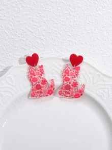 1pair New Valentine's Day Acrylic Earrings, Love Cat Earrings, Fashionable Ear Accessories For Women - Multicolor - View 3