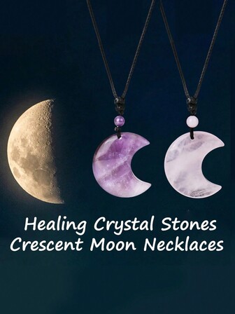 1 pieza Collar con colgante de cristal de luna creciente de curación Reiki, piedra natural de ojo de tigre, amatista, cuarzo rosa, obsidiana negra, ópalo, collar envuelto con cuerda H092