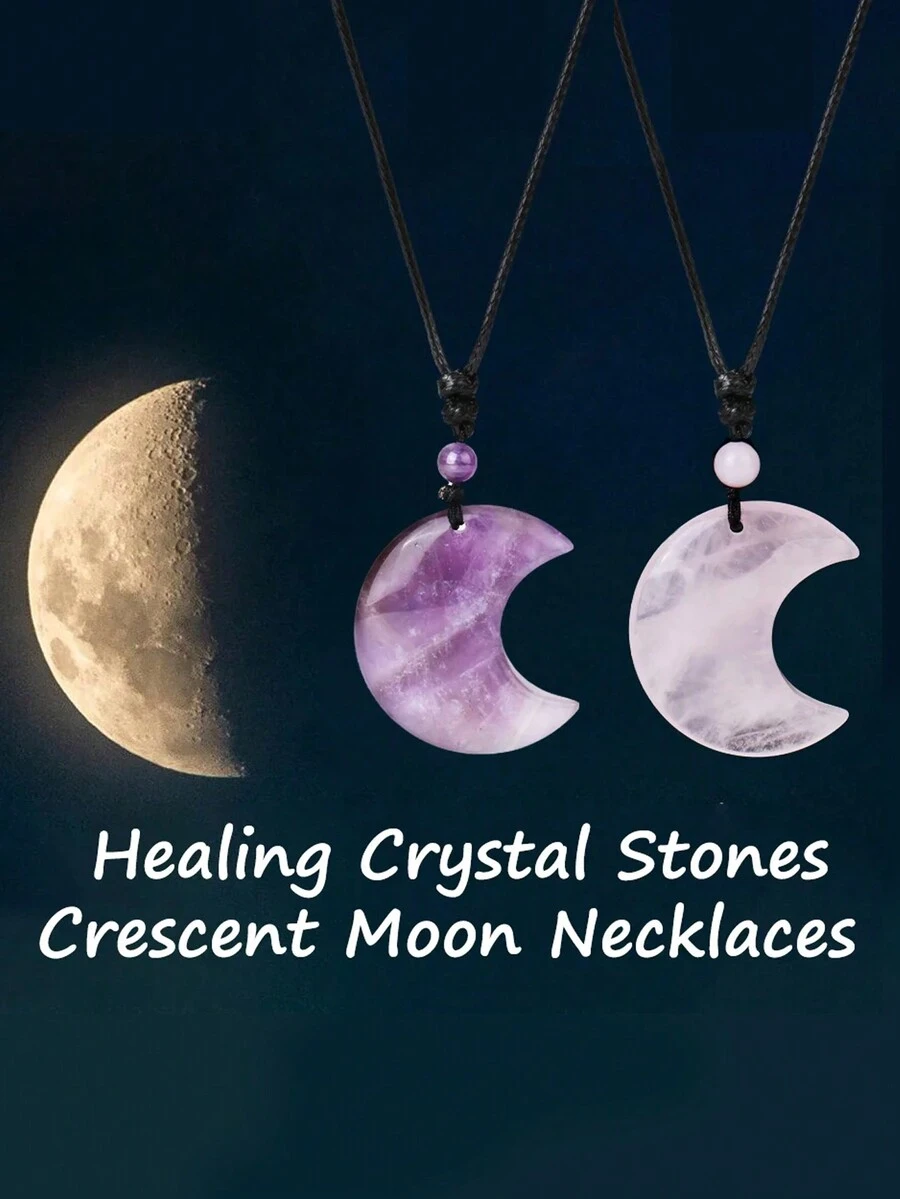 1件装灵气疗愈新月水晶项链天然石吊坠虎眼石紫水晶粉晶黑曜石蛋白石绳编项链 H092 - Necklace - 查看 1