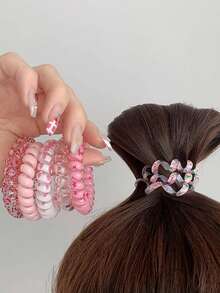 6pcs Spiral Hair Ties Cute Candy Colors Elastic Hair Ties For Women - Pink - View 4