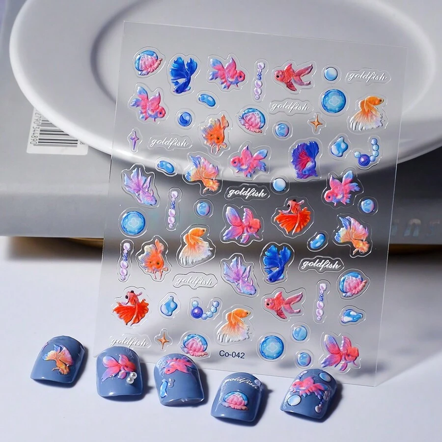 1片5d果凍貼1珍珠魚設計的背膠指甲貼紙,女性裝飾必備之物 - 彩色 - 查看 1