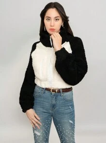 Chamarra linda para dama tela teddy bicolor - Negro - Ver 1