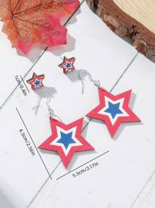 1套/4入流行幾何五角星木質耳環,女性珠寶,美國日禮物 - 彩色 - 查看 3