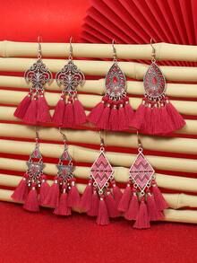 HANQI 3入組新年復古風格女士時尚紅色耳環套裝,帶流蘇,中空設計和鑽石裝飾,適用於日常生活,外出,工作,街頭拍攝,攝影,派對和其他場合 - #2 紅色3對裝 - 查看 3