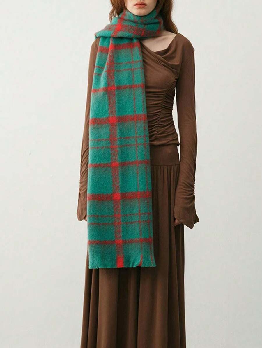 1入組女士圍巾，簡約、冷優雅、大氣、厚實格子紋、柔軟、保暖多用途，適用於秋冬季節 - 綠色 - 查看 1